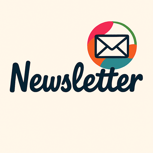Playful newsletter image with organic shapes and mail icon, reflecting clarity, confidence, and resilience.